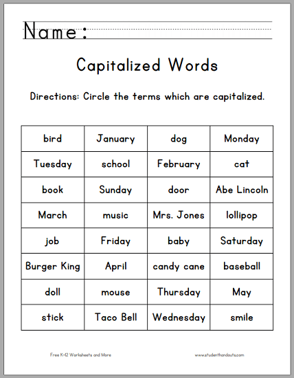 Circle The Capitalized Terms Worksheet For Grade One