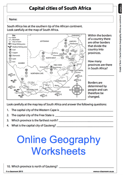 Grade 5 Online Geography Worksheet, Capital Cities Of South Africa