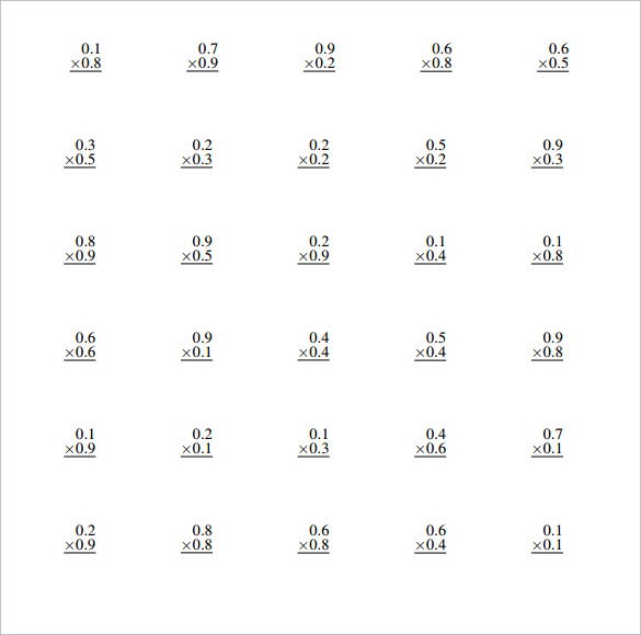 Sample Multiplying Decimals Vertical Worksheet