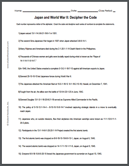 Japan In World War Ii Code Puzzle Worksheet