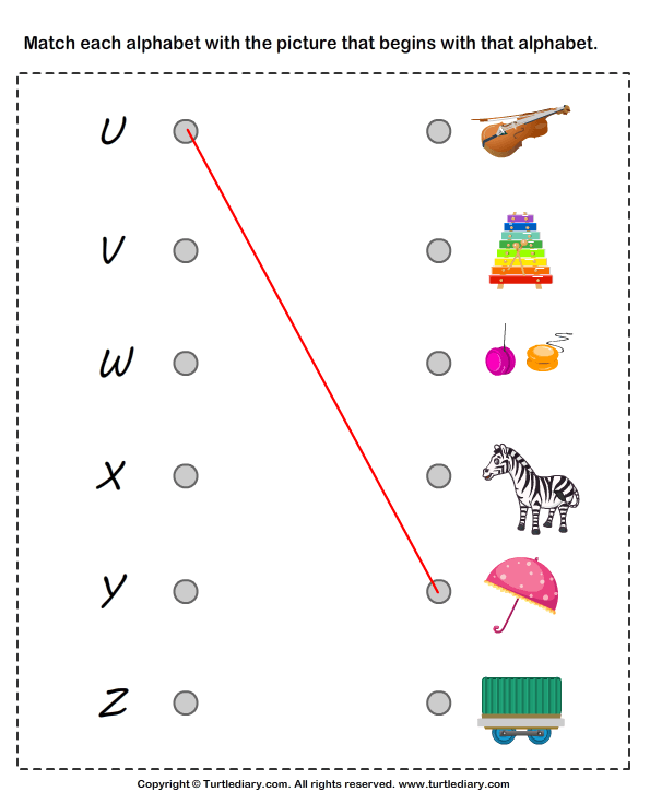 Matching Letters To Pictures U To Z Worksheet