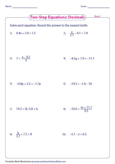 Two Step Equations Worksheets  Equations  Alistairtheoptimist Free