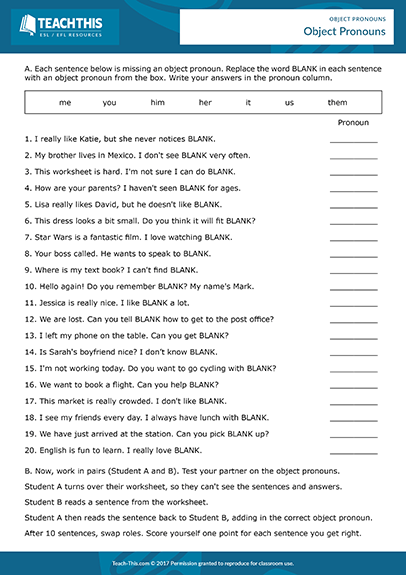 Subject Object Pronouns Esl Activities Games Worksheets