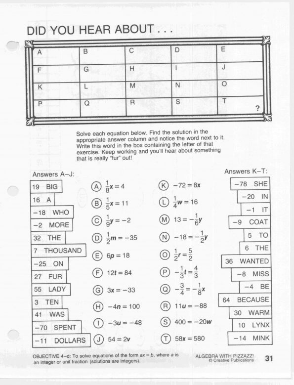 Did You Hear About Math Worksheet Algebra With Pizzazz Answers On
