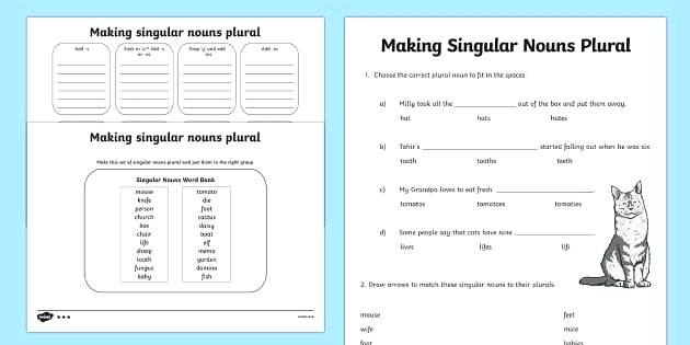 Plural Nouns Worksheets Making Singular Nouns Plural Worksheet