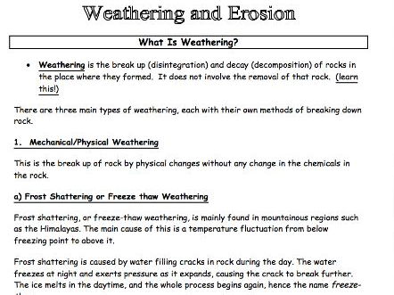 Weathering & Erosion Information Pack Worksheet