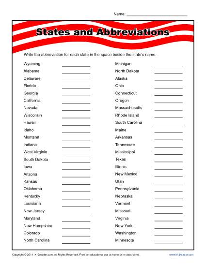 States And Abbreviations Worksheet Practice Activity