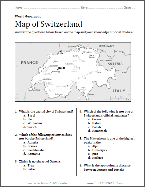 Map Of Switzerland Worksheet