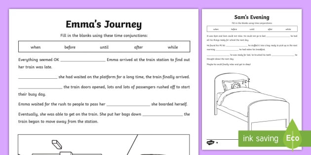 Time Conjunctions Cloze Worksheet
