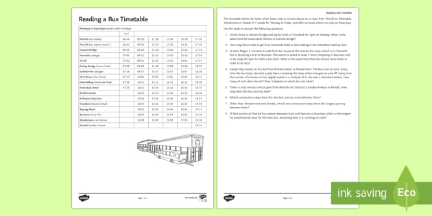 Reading A Bus Timetable Worksheet   Worksheet