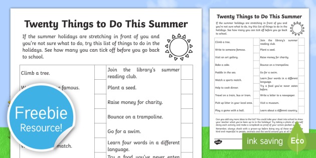 20 Things To Do This Summer Worksheet   Worksheet