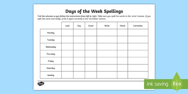 Look, Say, Cover, Write, Check Days Of The Week Spellings