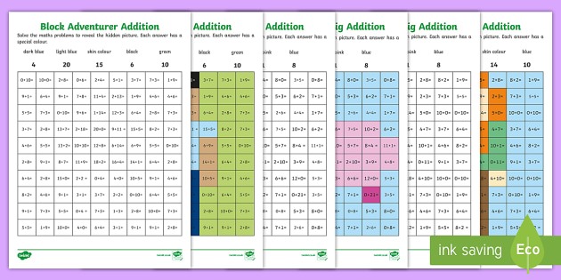 Ks1 Block Adventurer Addition Mosaic Worksheet   Worksheets