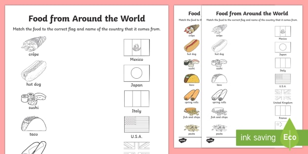 Food From Around The World Matching Worksheet   Worksheet