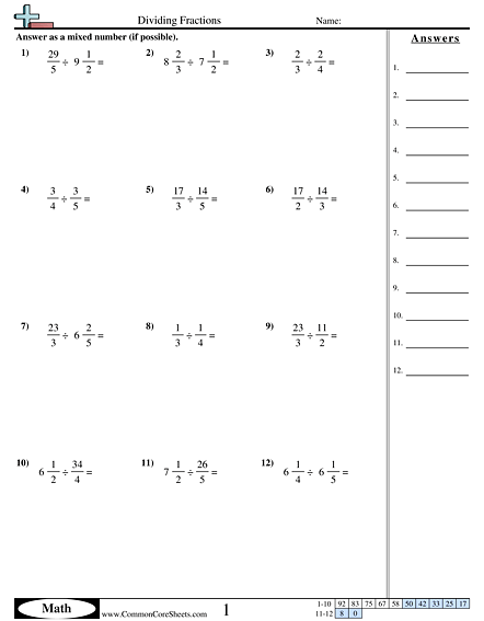 Dividing Fractions Worksheet