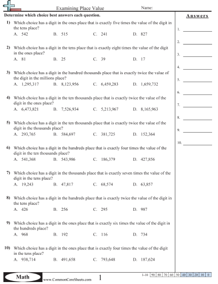 Value & Place Value Worksheets
