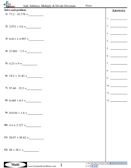 Decimal Worksheets
