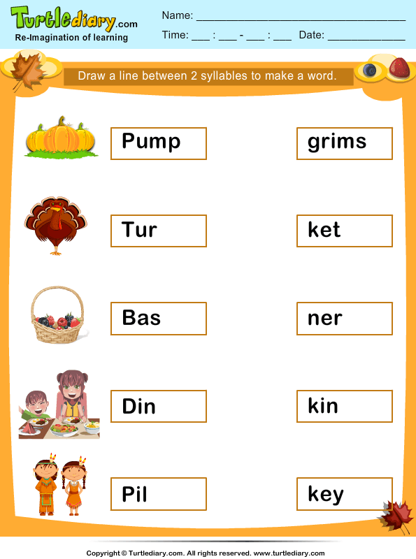 Two Syllables Thanksgiving Words Worksheet