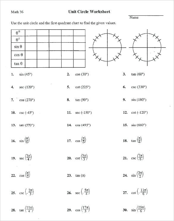 Unit Circle Worksheet Math 36 Circle Worksheet Answers Area And