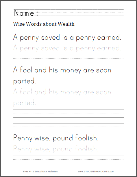 Wise Words About Wealth Handwriting Worksheet