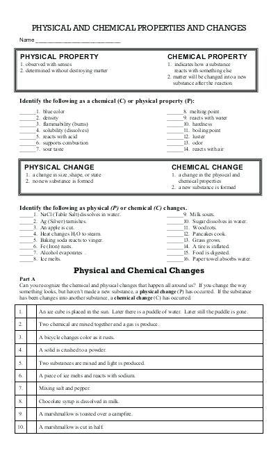 Worksheet 2 Physical Chemical Properties Changes