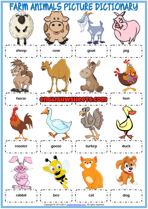 Farm Animals Picture Dictionary Esl Worksheet For Kids