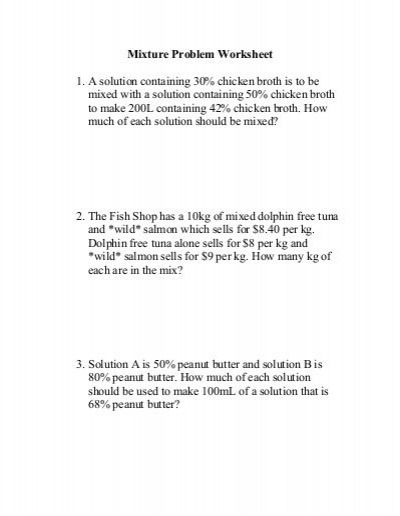 Mixture Problem Worksheet 1  A Solution Containing 30  Chicken