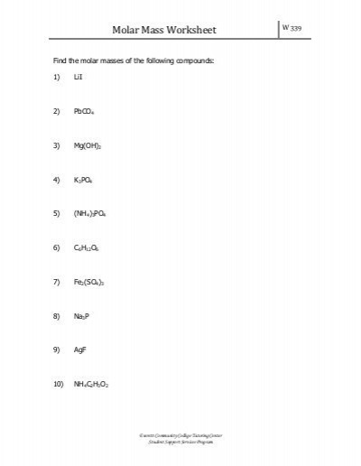 Molar Mass Worksheet
