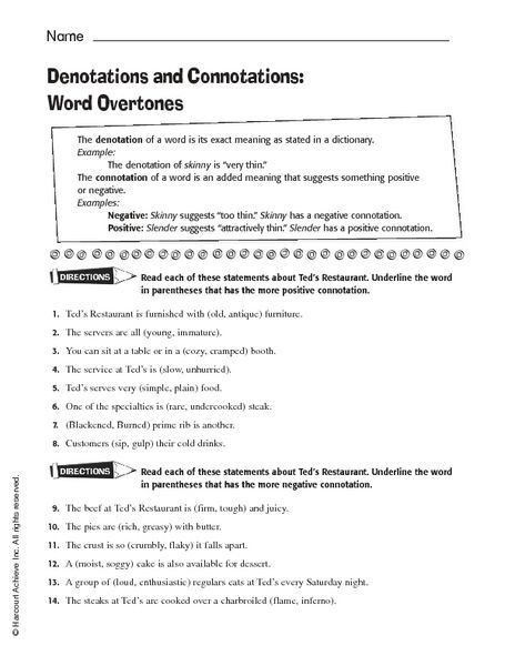 Connotation And Denotation Worksheet 6th Grade Intrepidpath