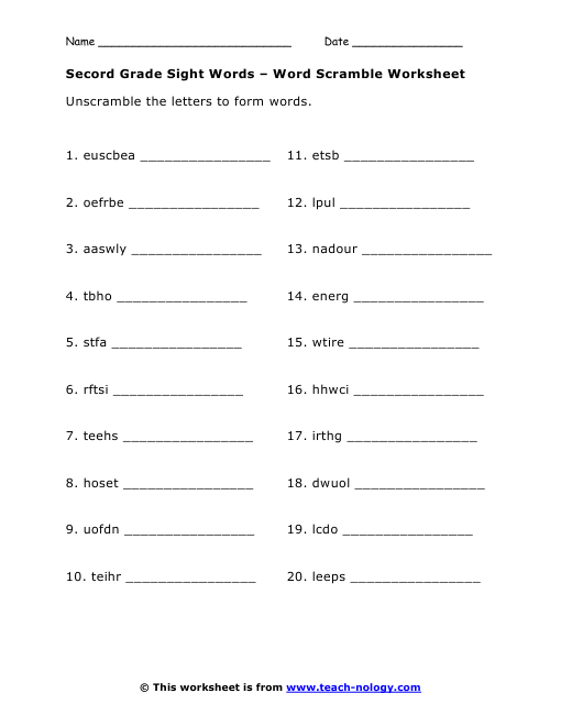 Second Grade Sight Words   Word Scramble Worksheet