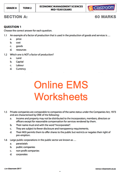Grade 8 Online Economic Management Science Worksheets  For More