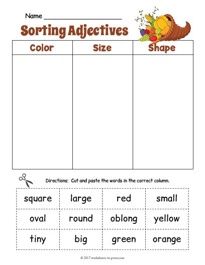 Free Printable Cornucopia Adjective Sorting Worksheet