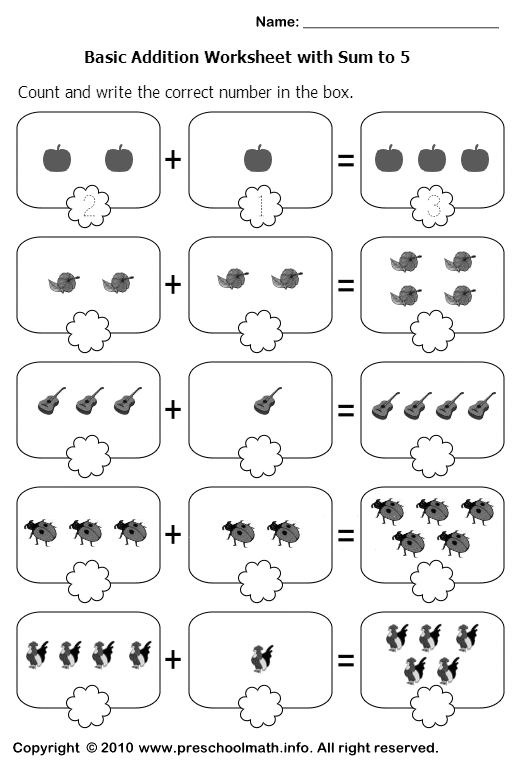 Prek Free Math Worksheets On Addition With Sum Up To 5