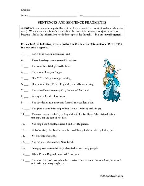 Sentences And Sentence Fragments 5th 7th Grade Worksheet