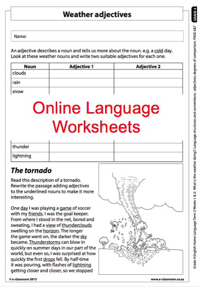Grade 4 Online Language Worksheet, Weather Adjectives  For More