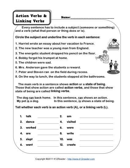 Action And Linking Verbs Worksheet