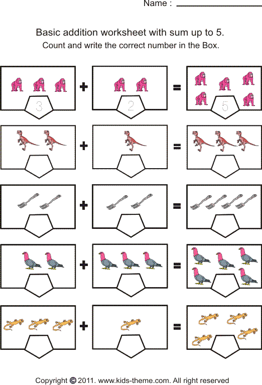 Addition Up To 5 Worksheets