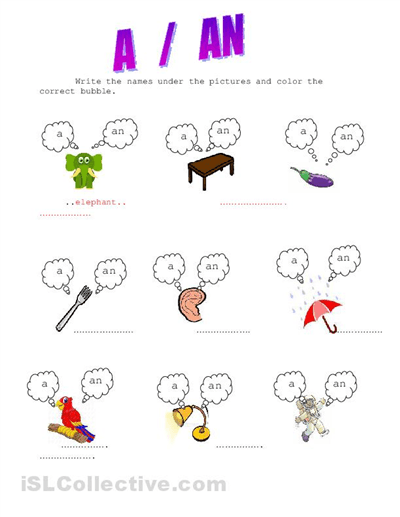Article A An Worksheets For Kids