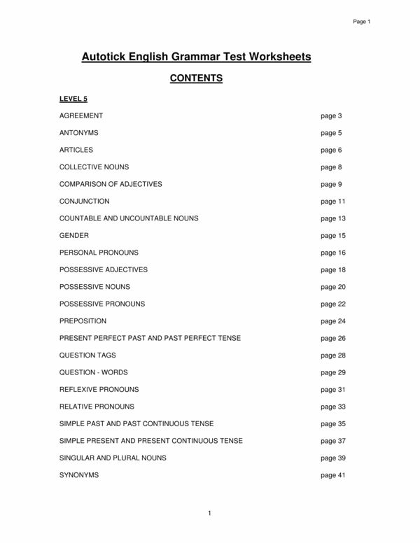 Level 5 English Grammar Test Worksheets