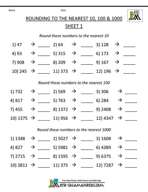Rounding Numbers Worksheets Nearest 10 100 1000 1