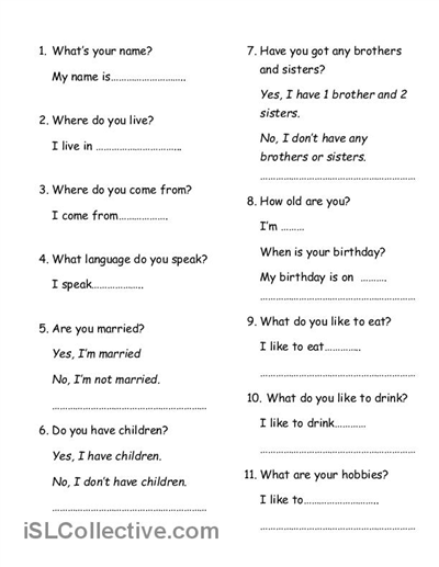 Personal Info Questions And Answers Worksheet
