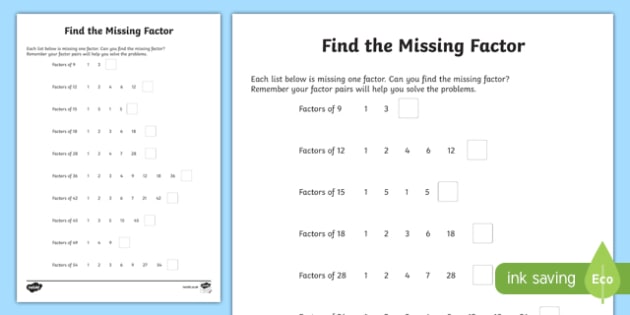 Find The Missing Factor Worksheet   Worksheet