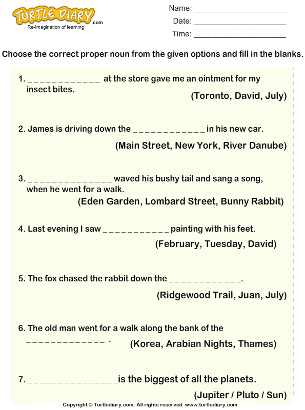 Choose Proper Noun For Given Sentences Worksheet