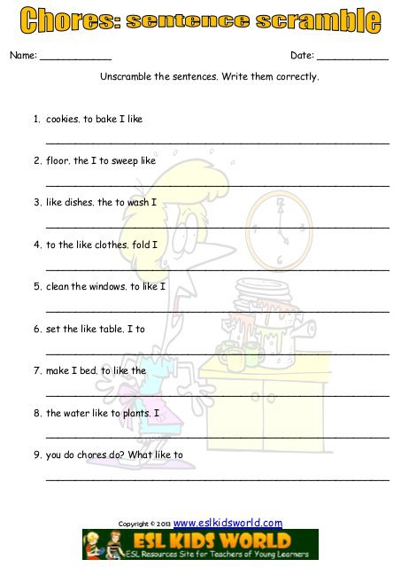 Chores Sentence Scramble Worksheet