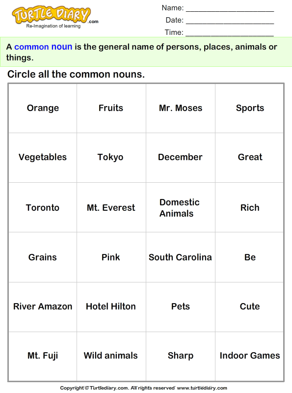 Circle The Common Nouns Worksheet