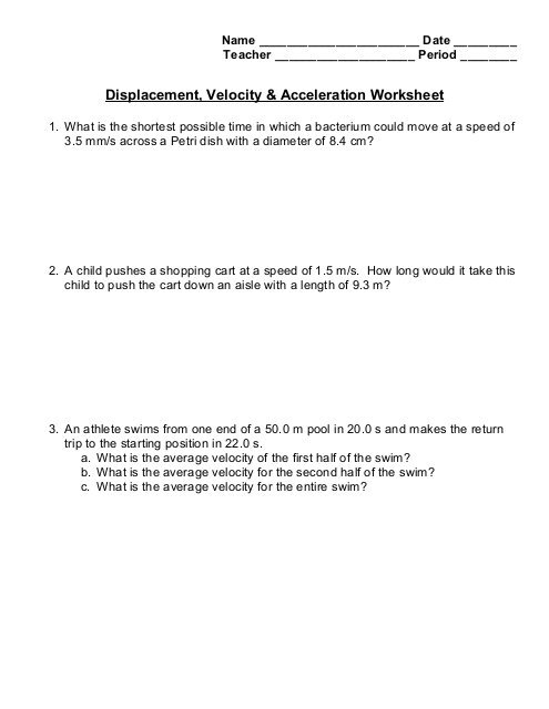 Displacement, Velocity & Acceleration Worksheet