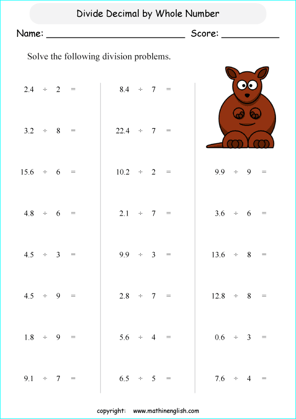 Divide These Decimal By Whole Numbers Grade 4 Math Decimal