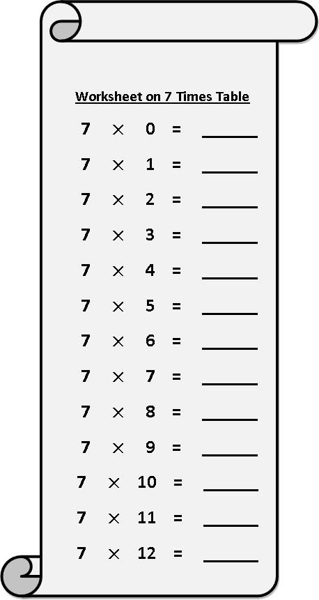 Worksheet On 7 Times Table, Multiplication Table Sheets, Free