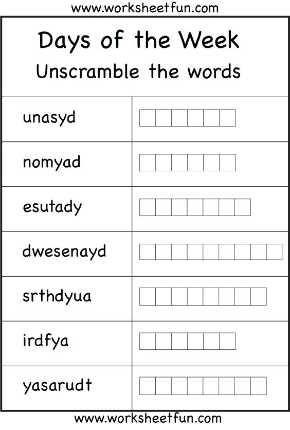 First Grade English Worksheets Worksheets For Days Of The Week In