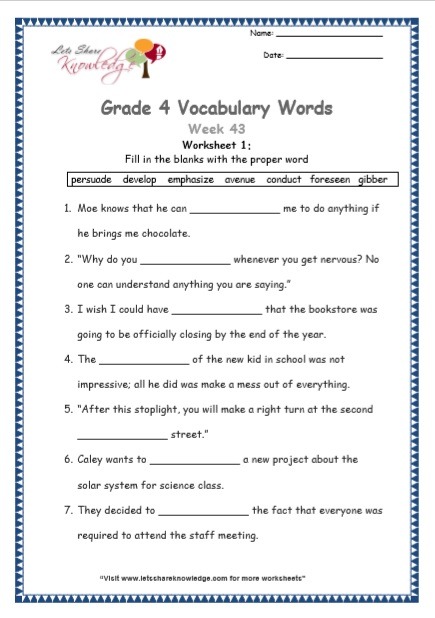 Grade 4  Vocabulary Worksheets Week 43
